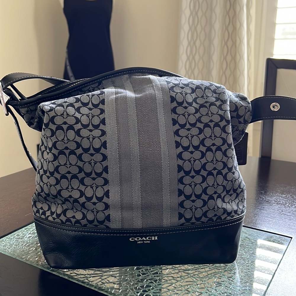 Coach Navy and Gray Signature Stripe Shoulder Bag